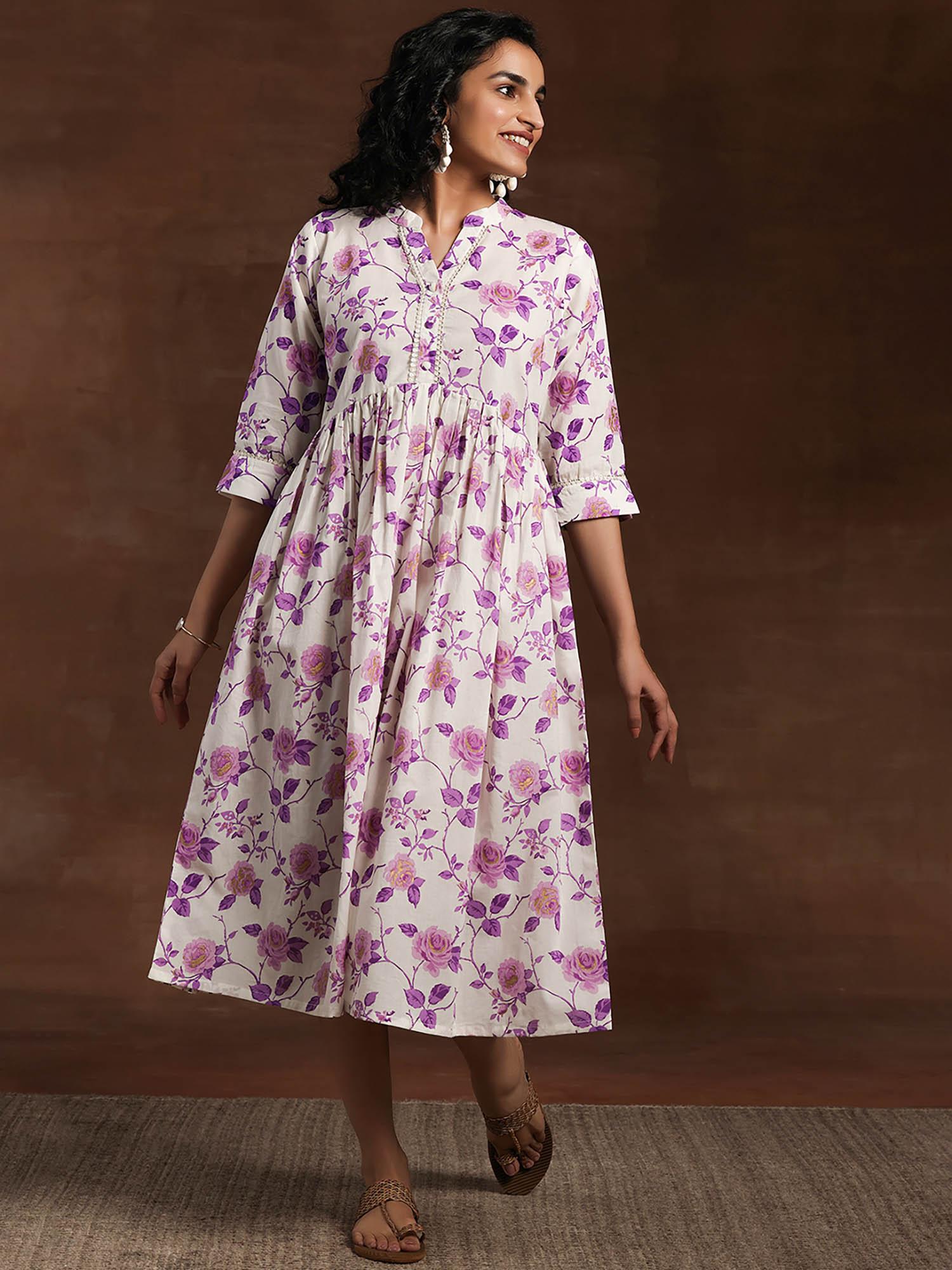 purple floral printed fit & flare pleated midi dress