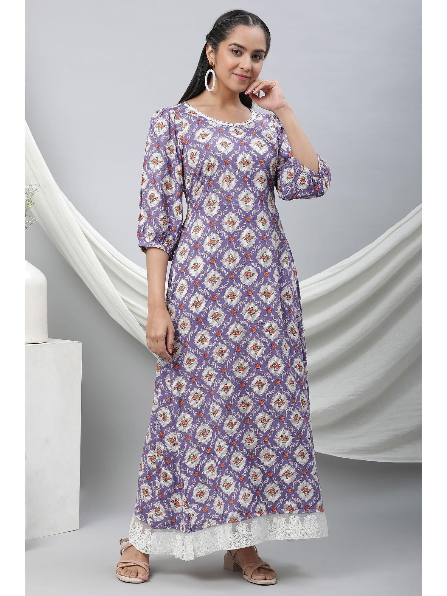 purple floral printed flared maxi dress