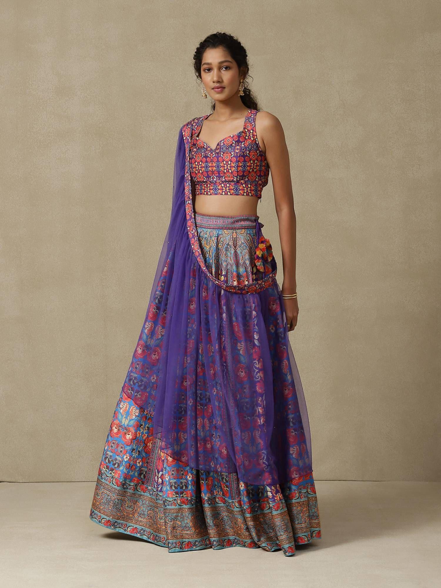 purple floral printed lehenga with blouse and dupatta (set of 3)