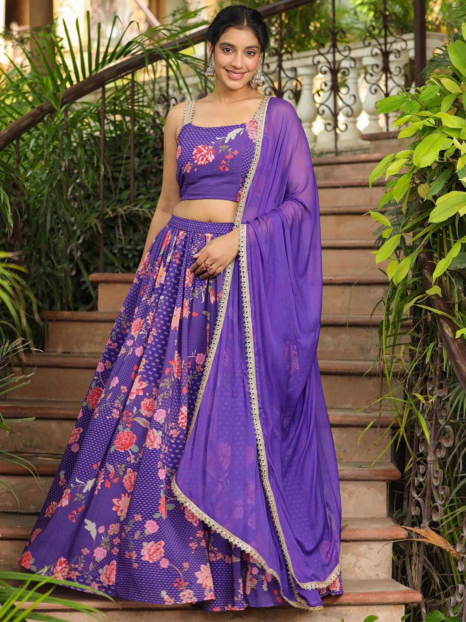 purple floral printed lehenga with choli and dupatta (set of 3)