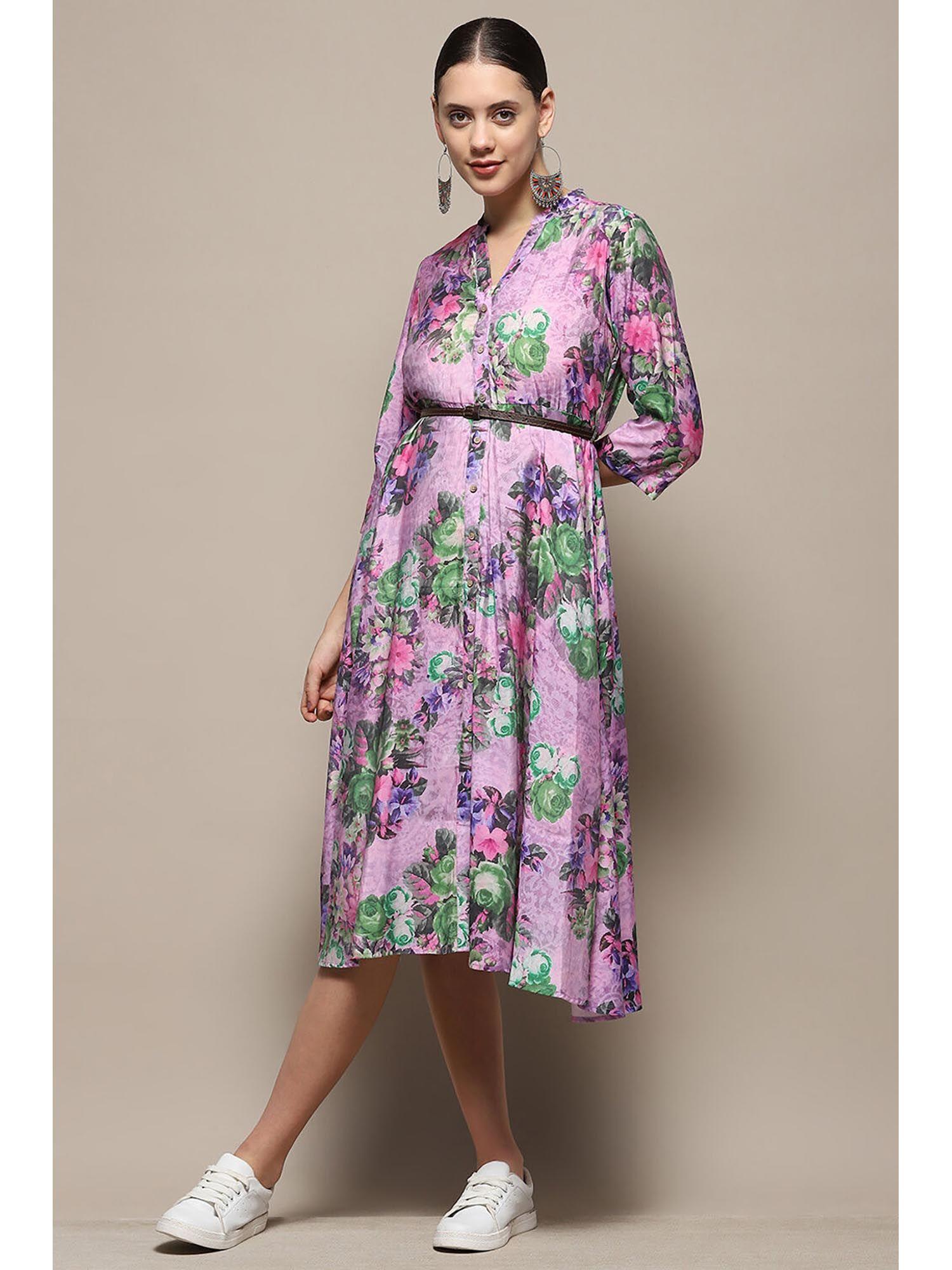 purple floral printed midi dress with belt (set of 2)