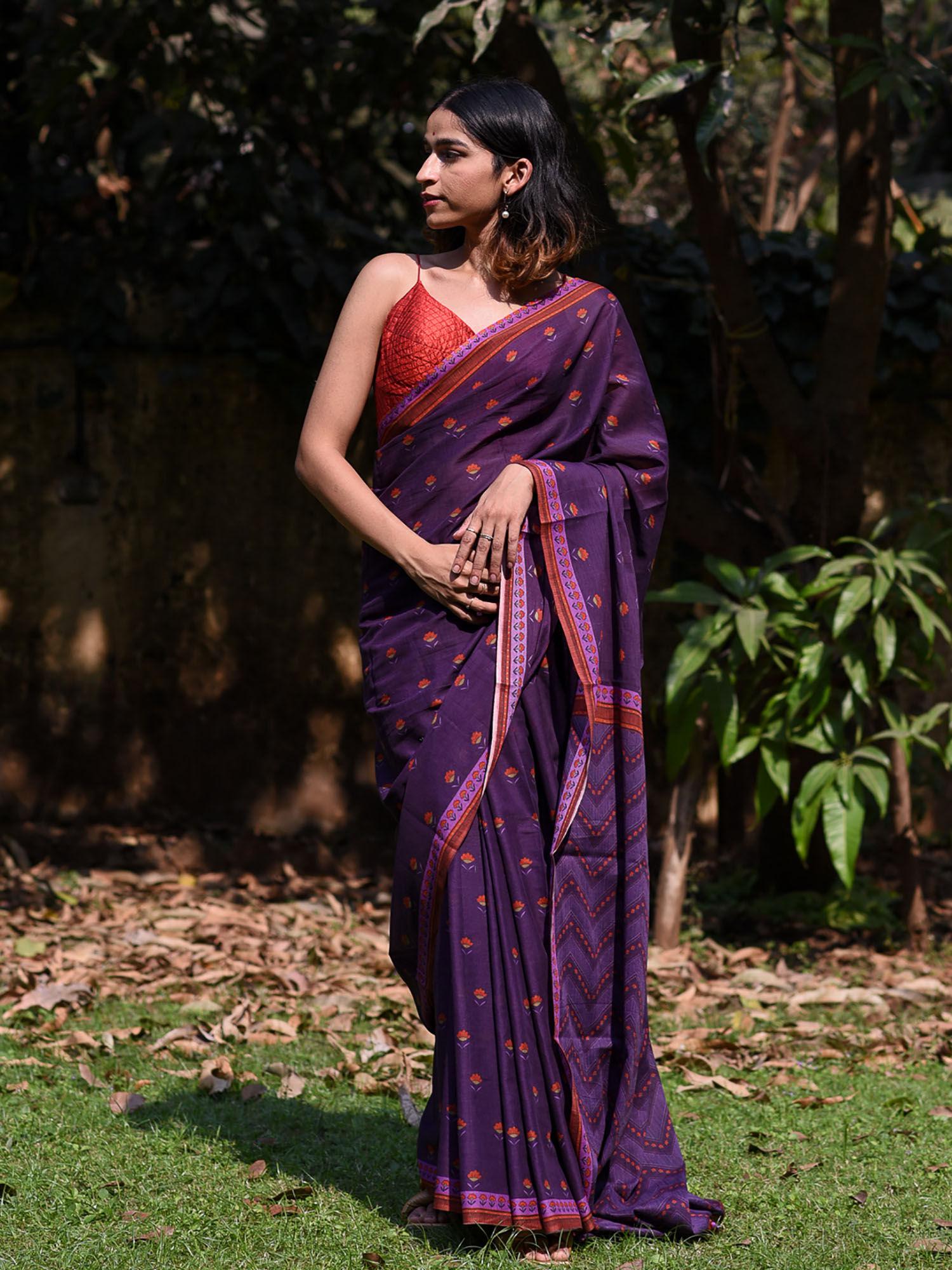 purple floral printed pure cotton saree