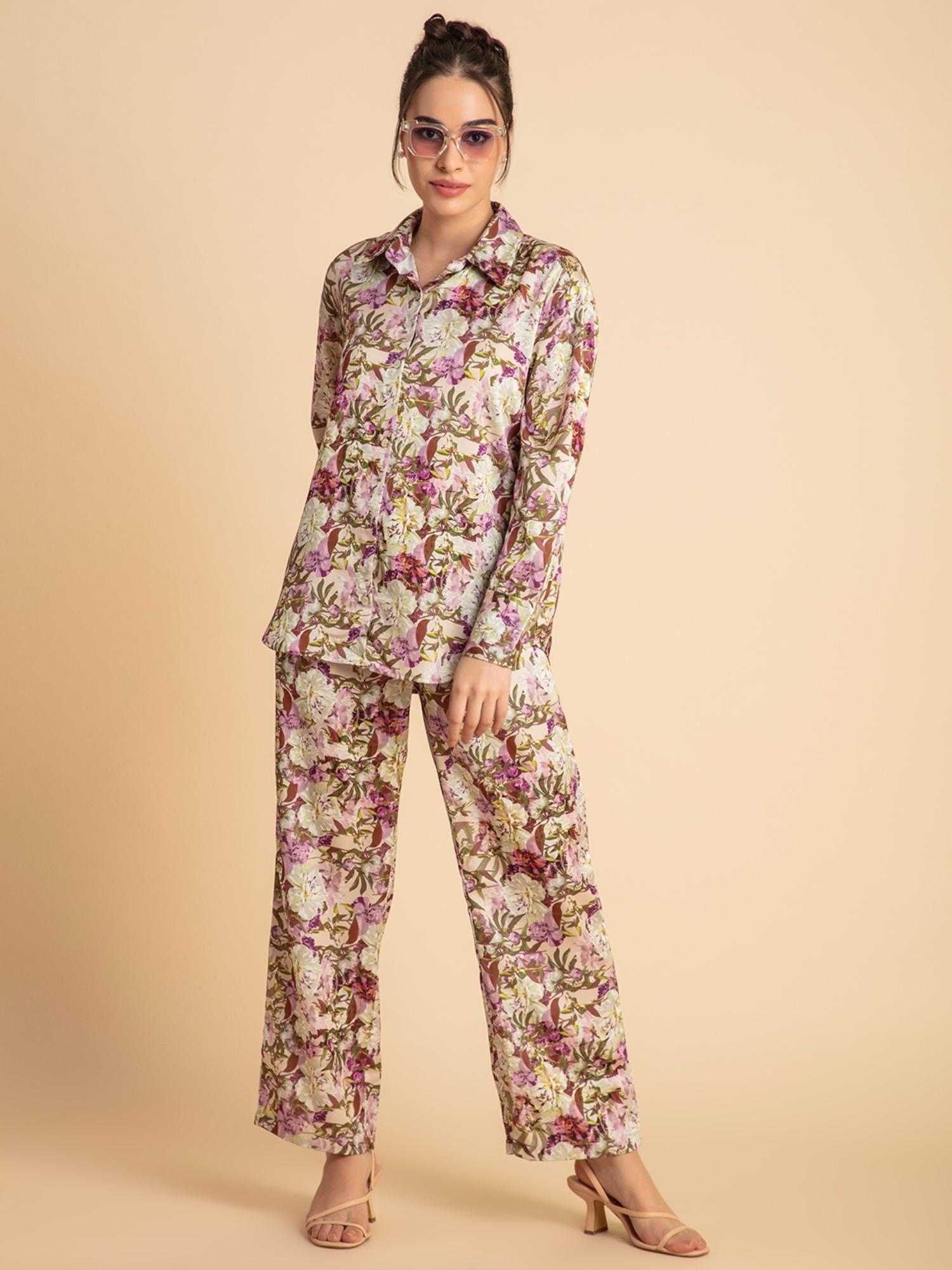 purple floral printed satin co-ord (set of 2)