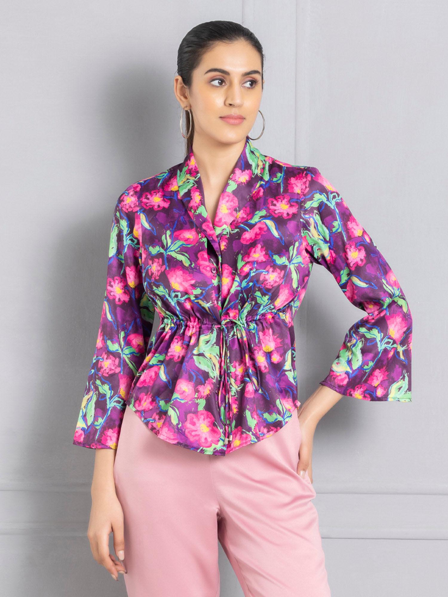 purple floral printed three fourth sleeves shawl lapel shirt