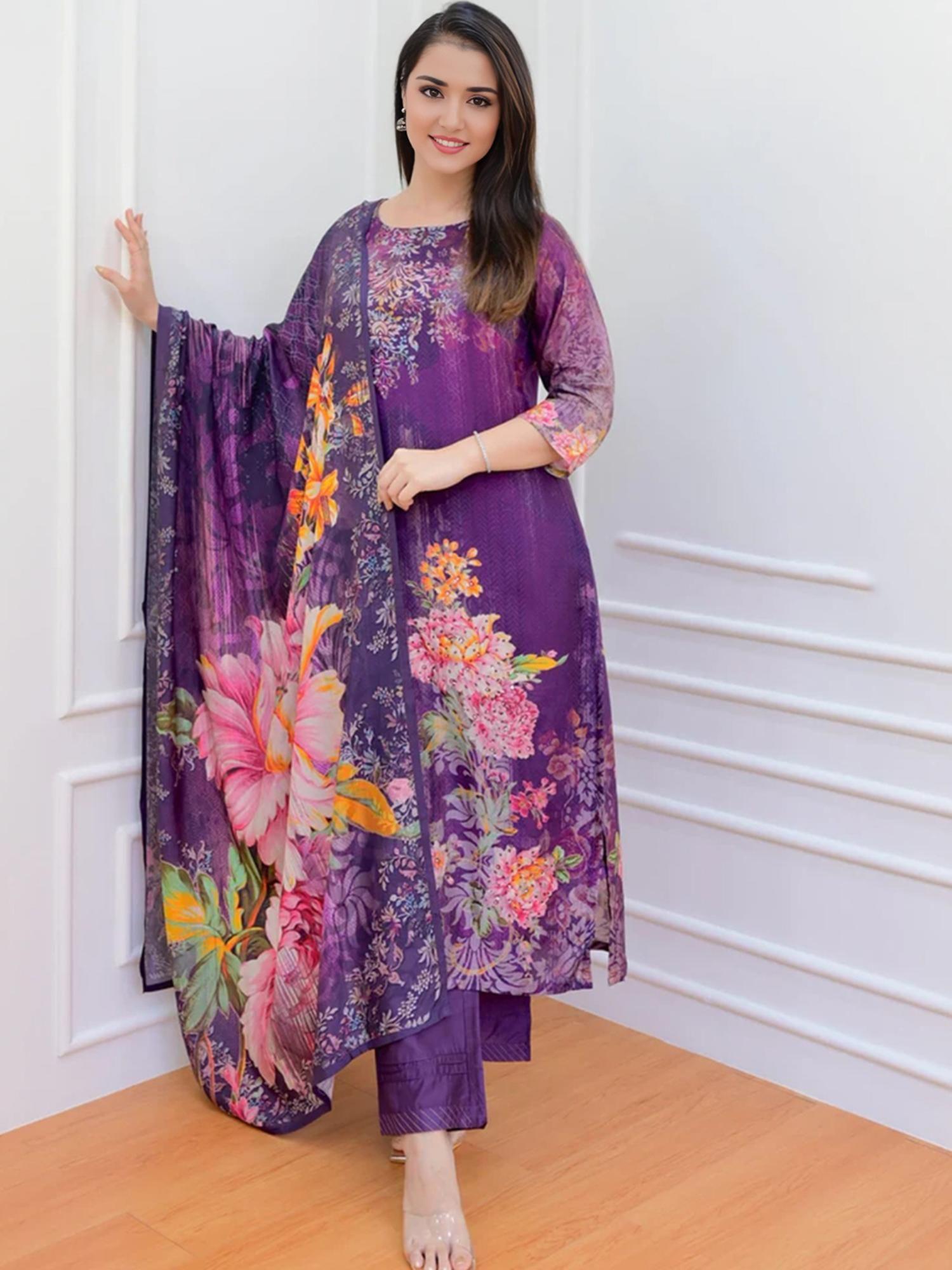 purple floral printed with sequence work kurta with pant and dupatta (set of 3)