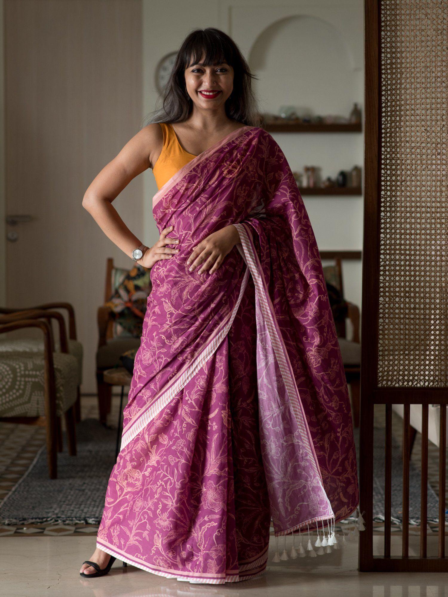 purple floral pure cotton saree without blouse