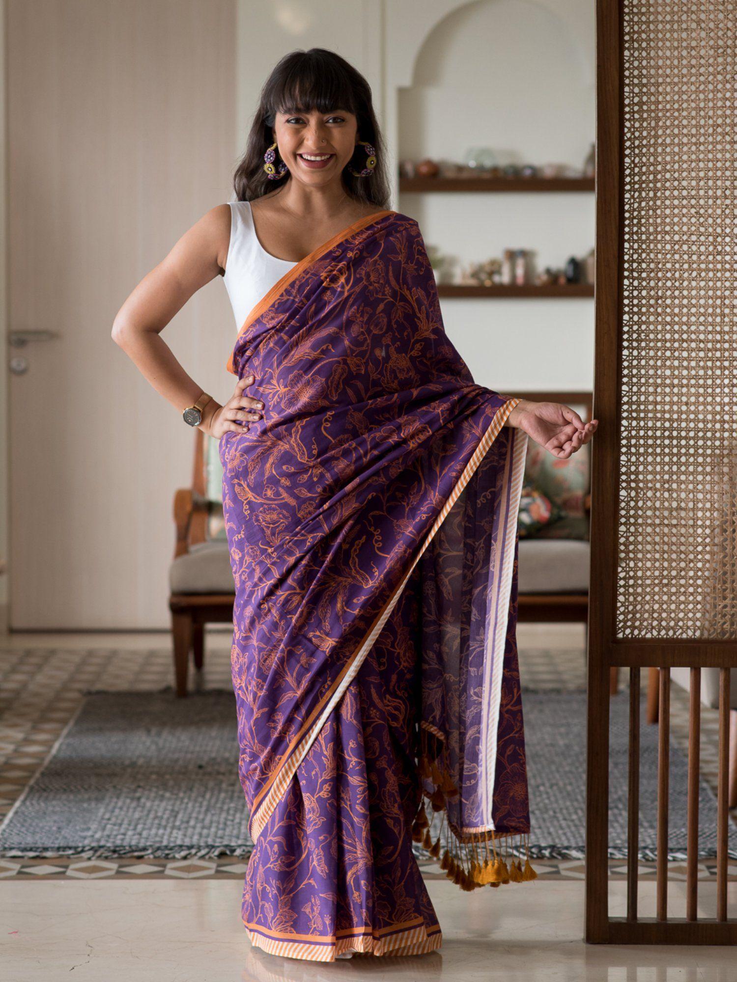 purple floral pure cotton saree without blouse