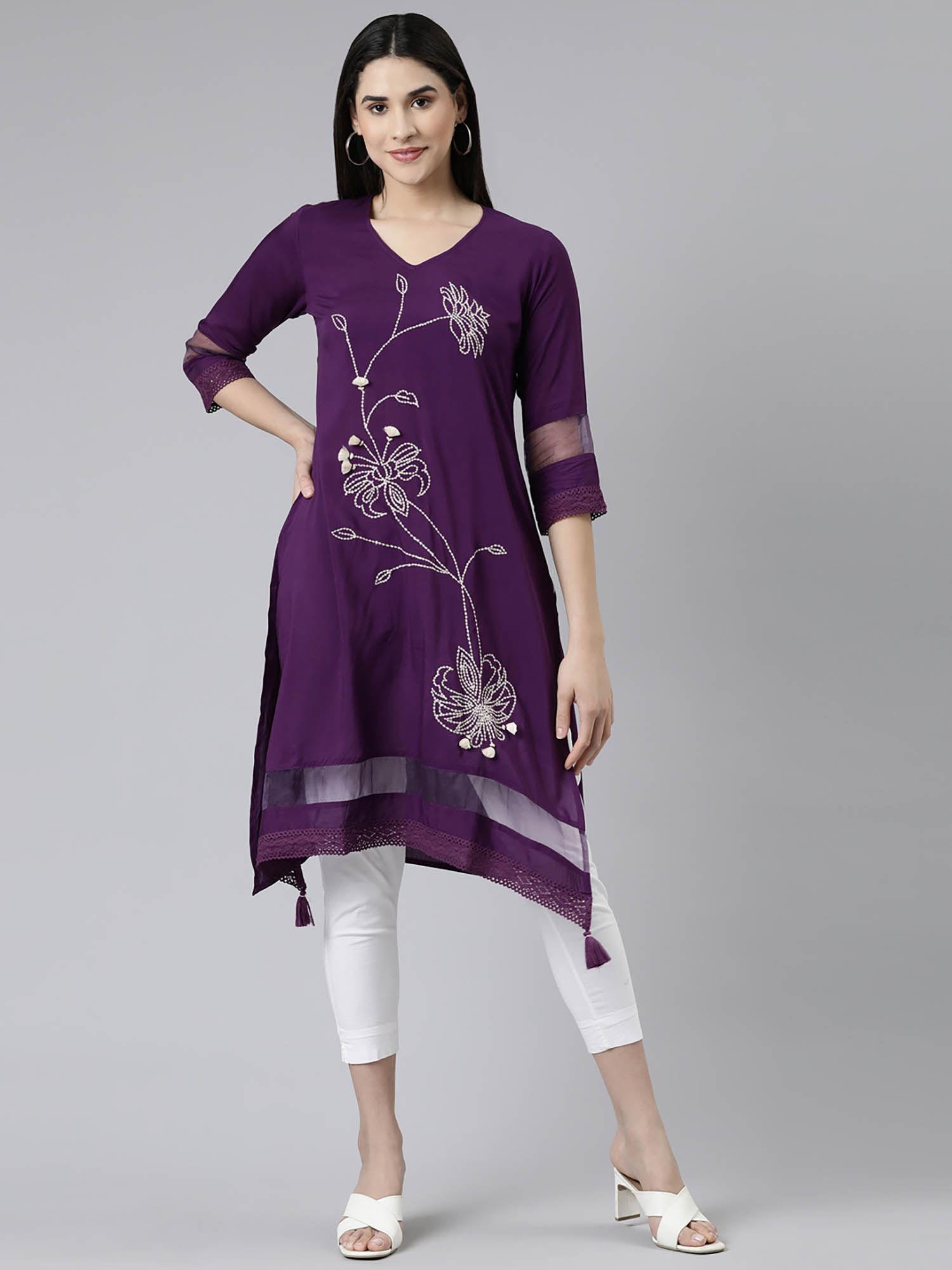 purple floral rayon v-neck kurta