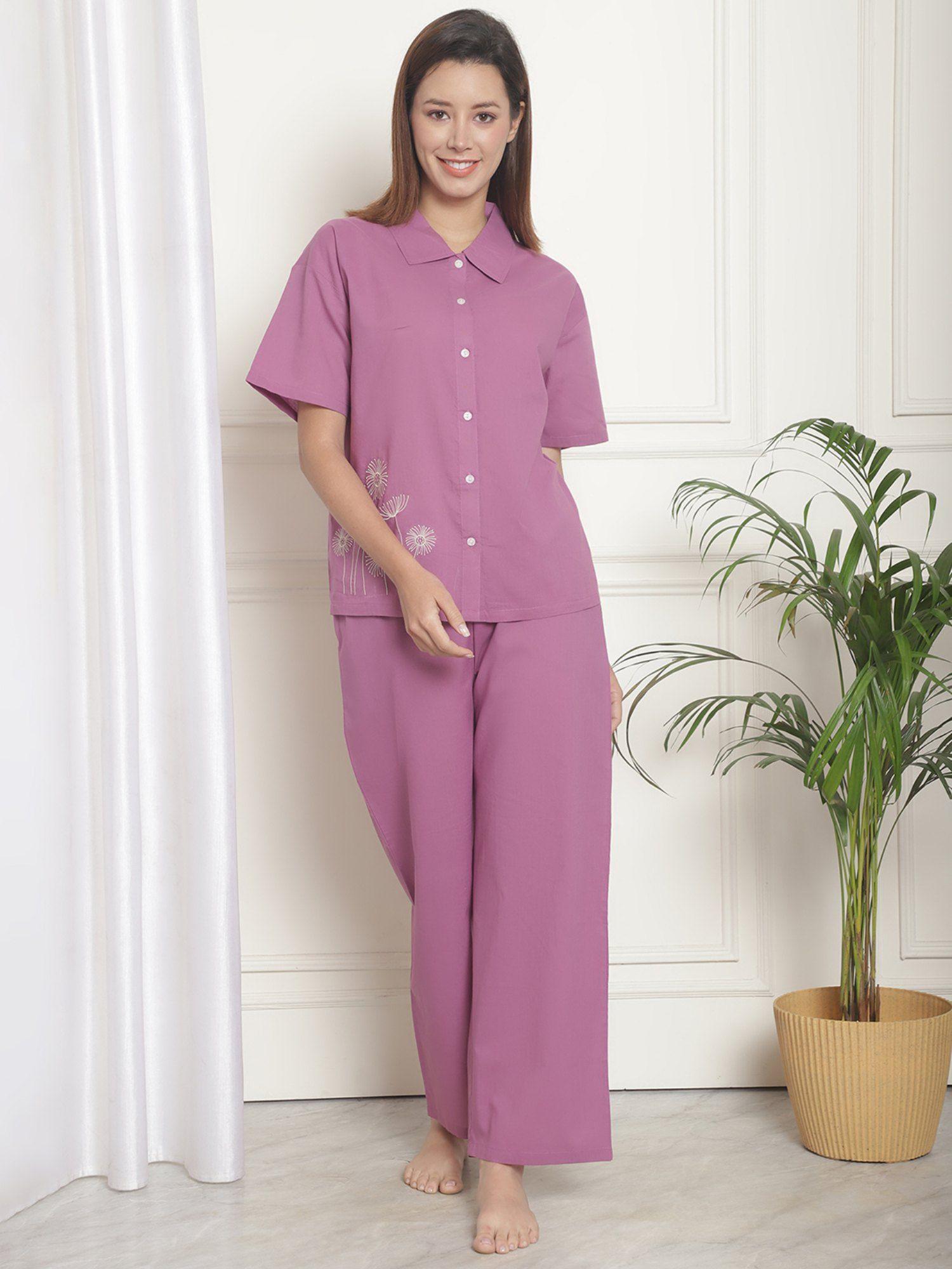 purple floral shirt collar pure cotton night suit (set of 2)