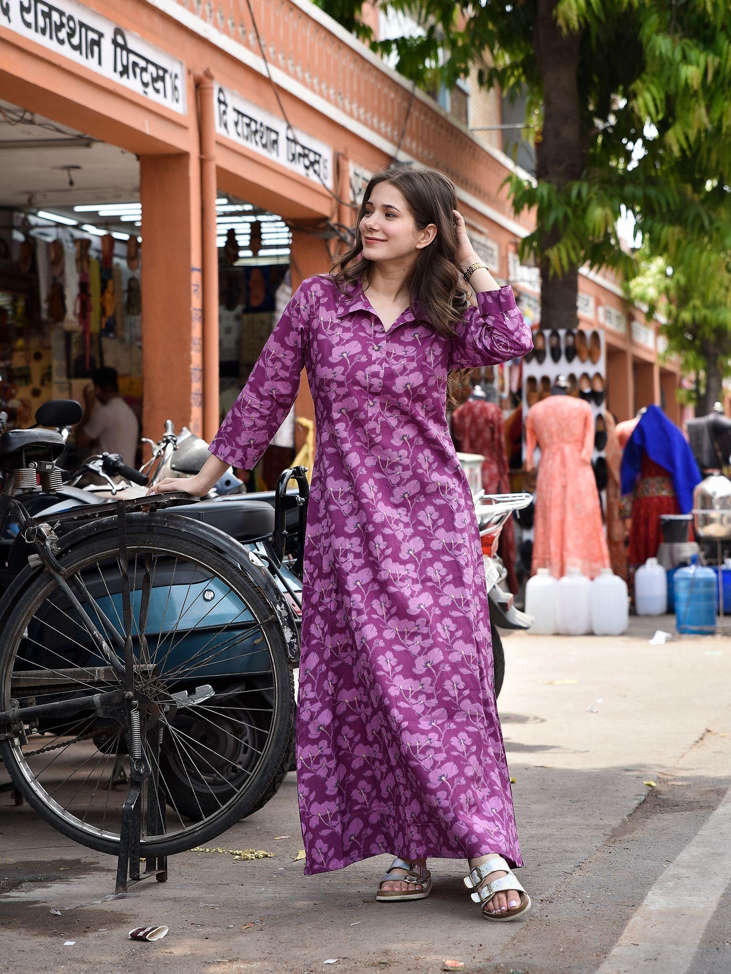 purple floral shirt dress