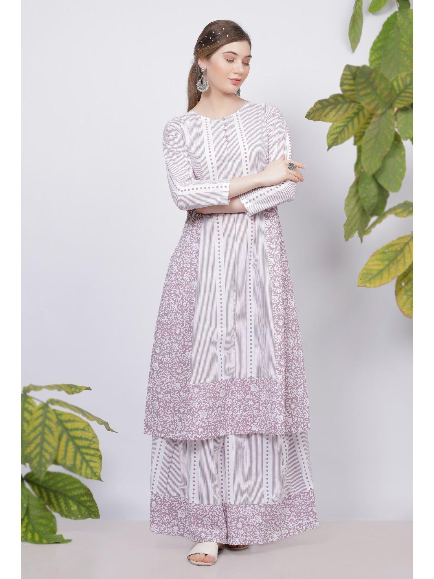 purple floral stripes hand-block printed a line cotton kurta