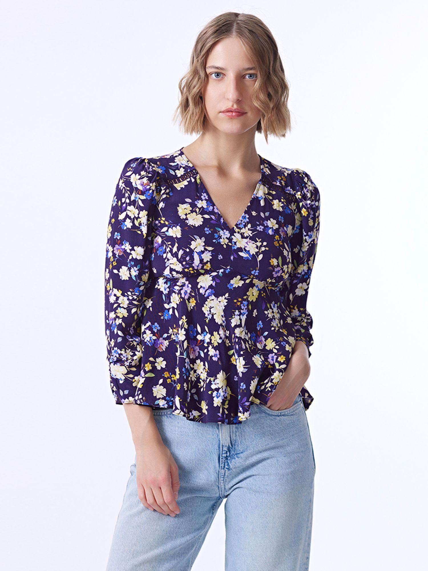 purple floral three fourth sleeves v-neck top