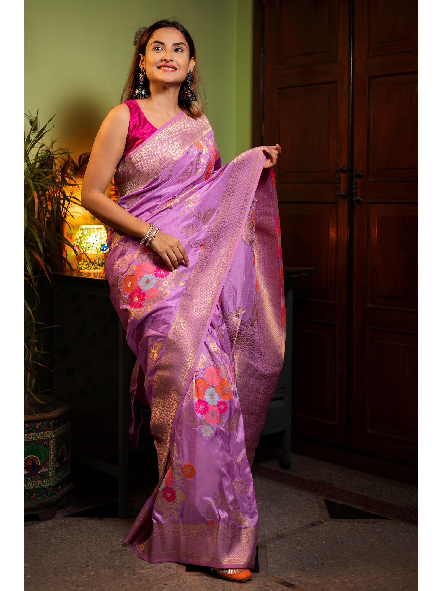 purple floral viscose silk saree with unstitched blouse