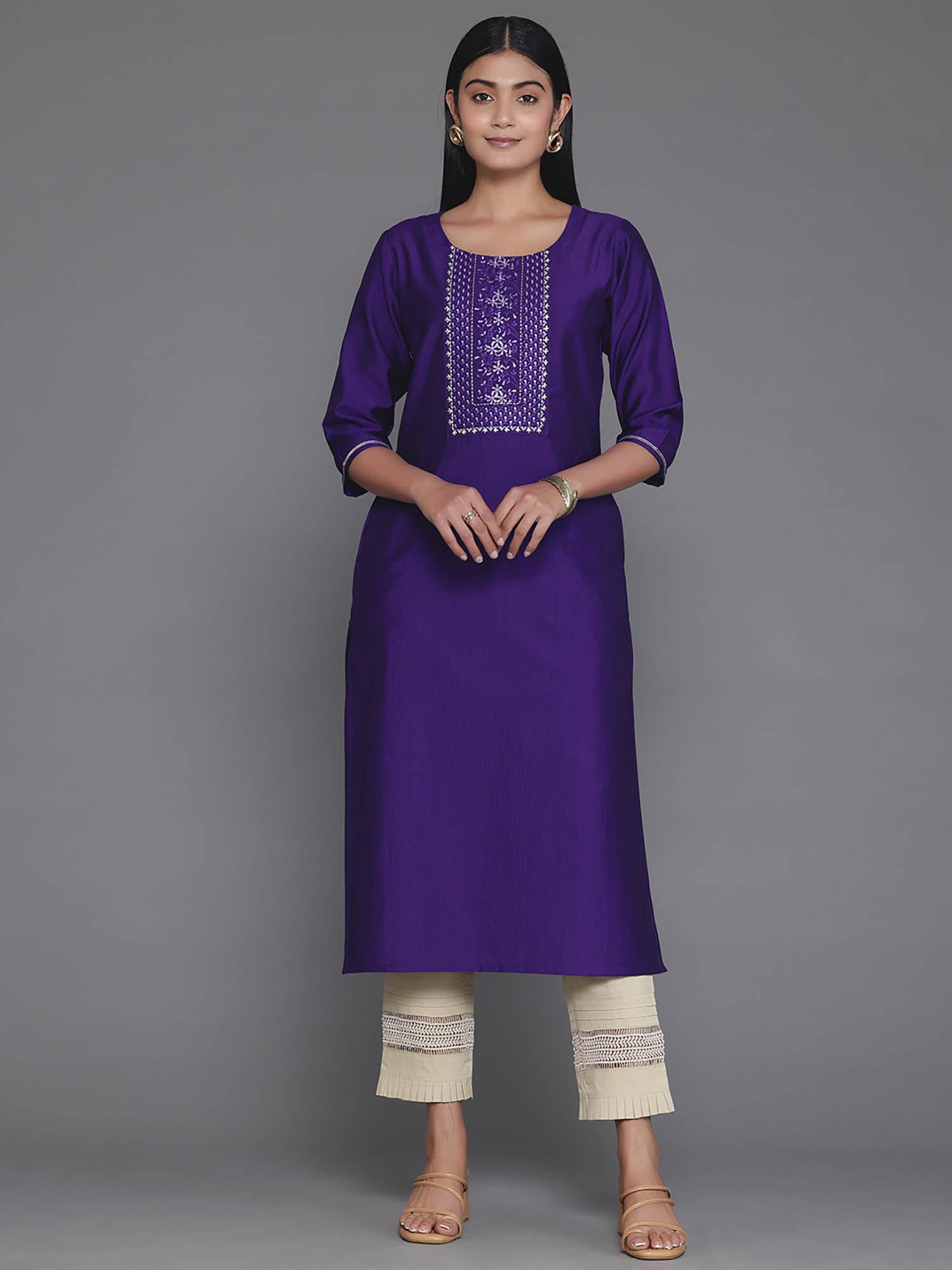 purple floral yoke design solid silk blend kurta with pocket