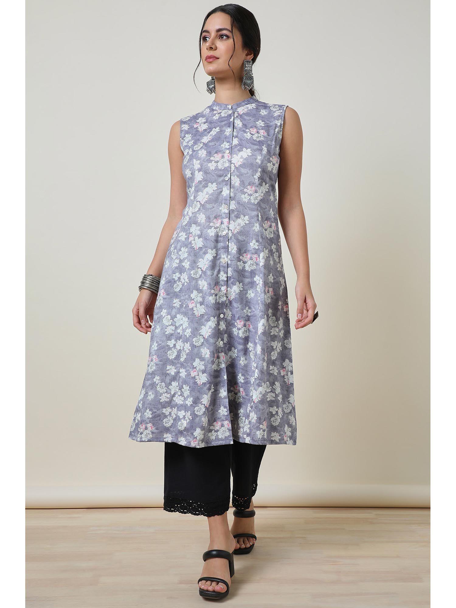 purple foil floral print rayon a line kurta