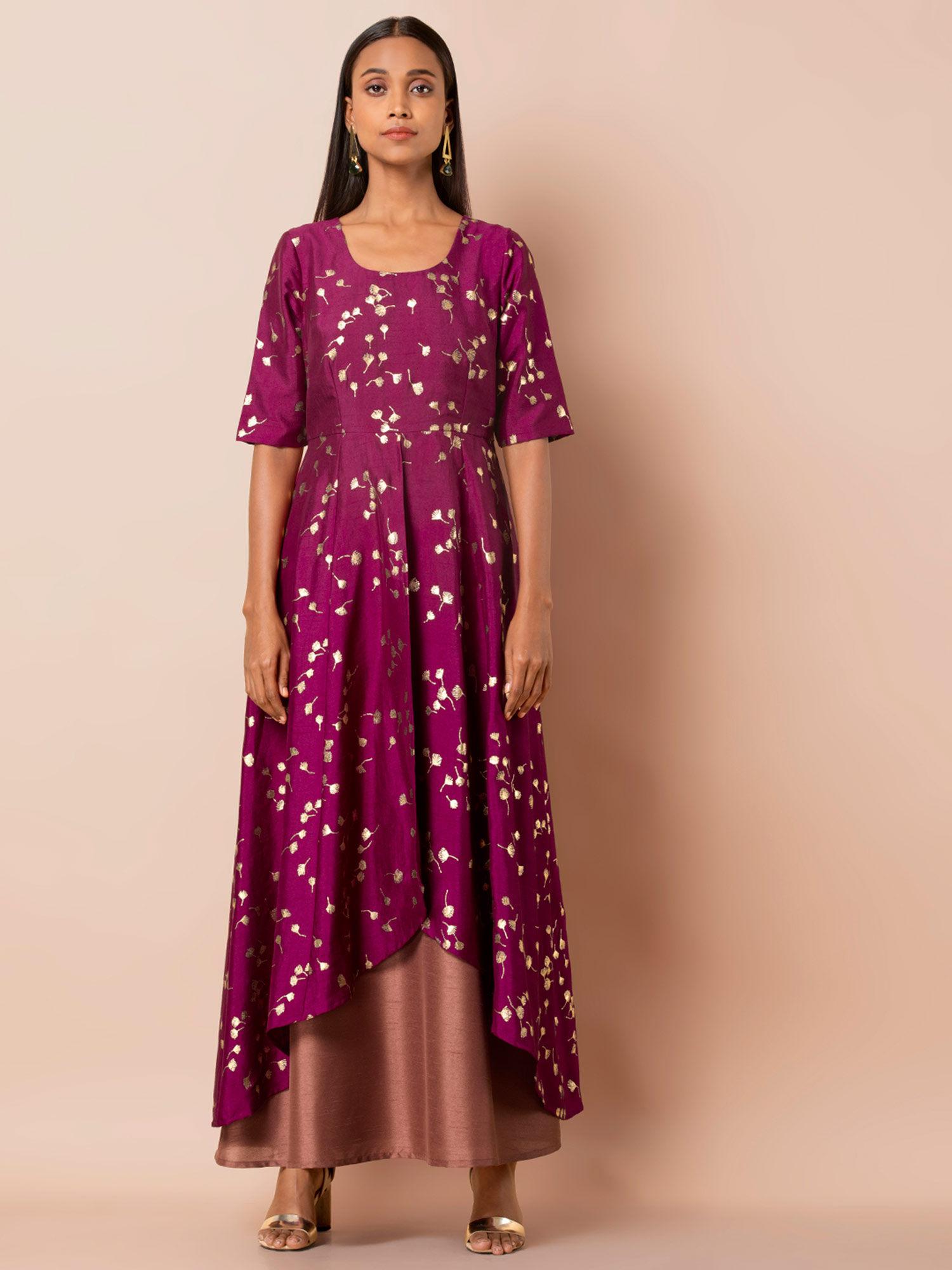 purple foil high low flare double layer dress