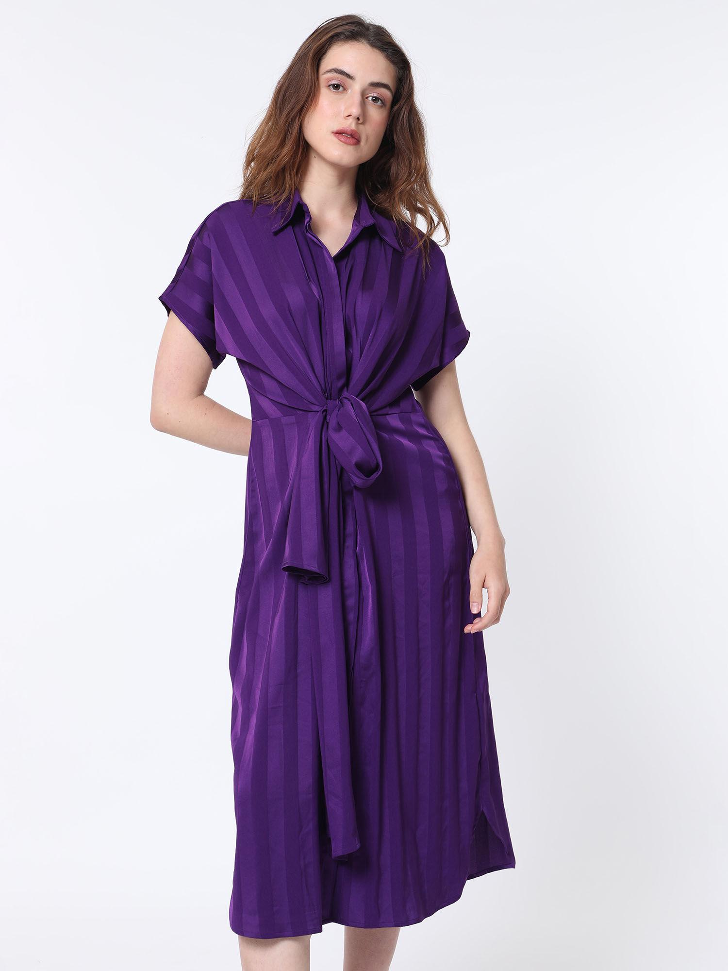 purple front tie-up a-line midi dress