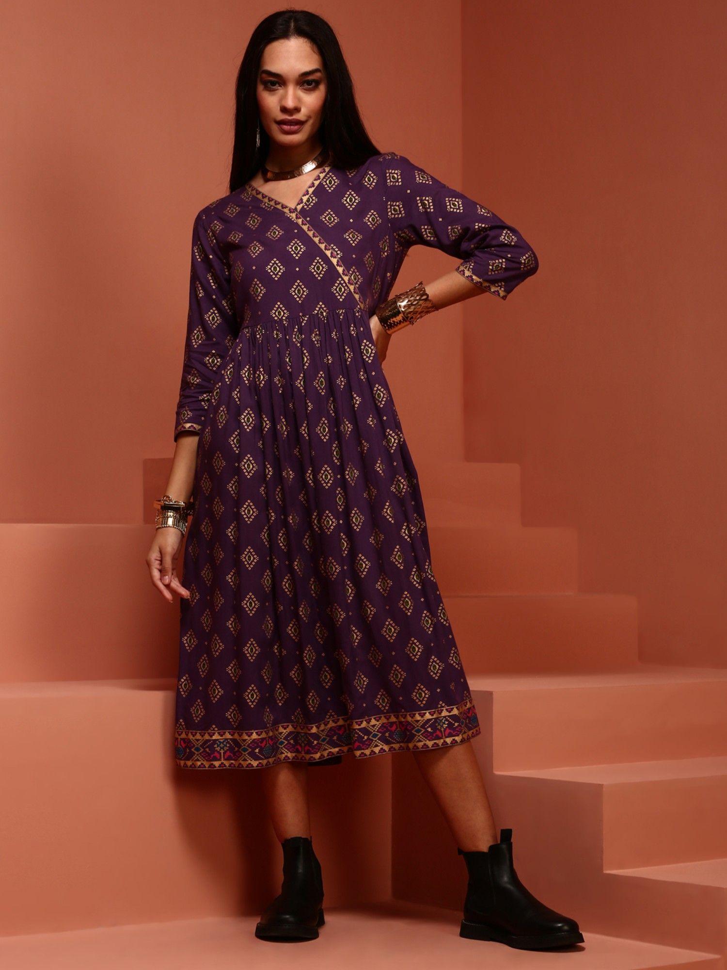 purple gathered printed kurta