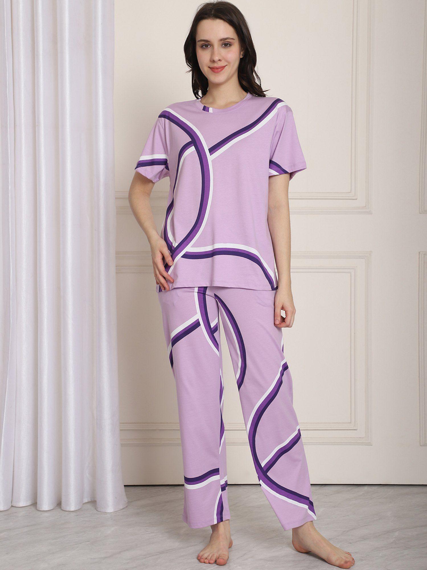 purple geometric printed pure cotton night suit (set of 2)