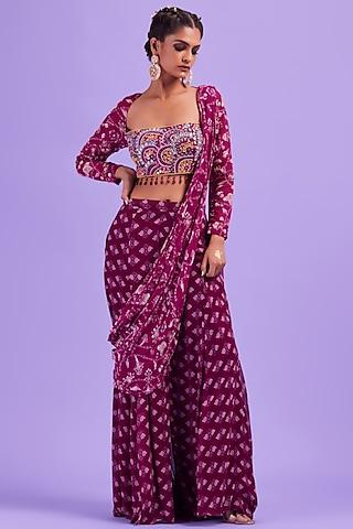 purple georgette & cotton silk printed sharara saree set