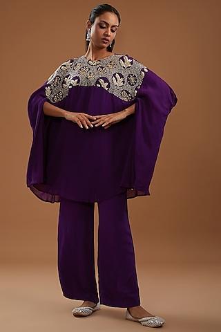 purple georgette & crepe hand embroidered cape set