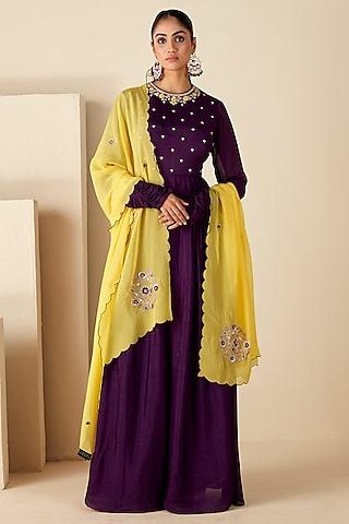 purple georgette crepe embroidered pleated anarkali set