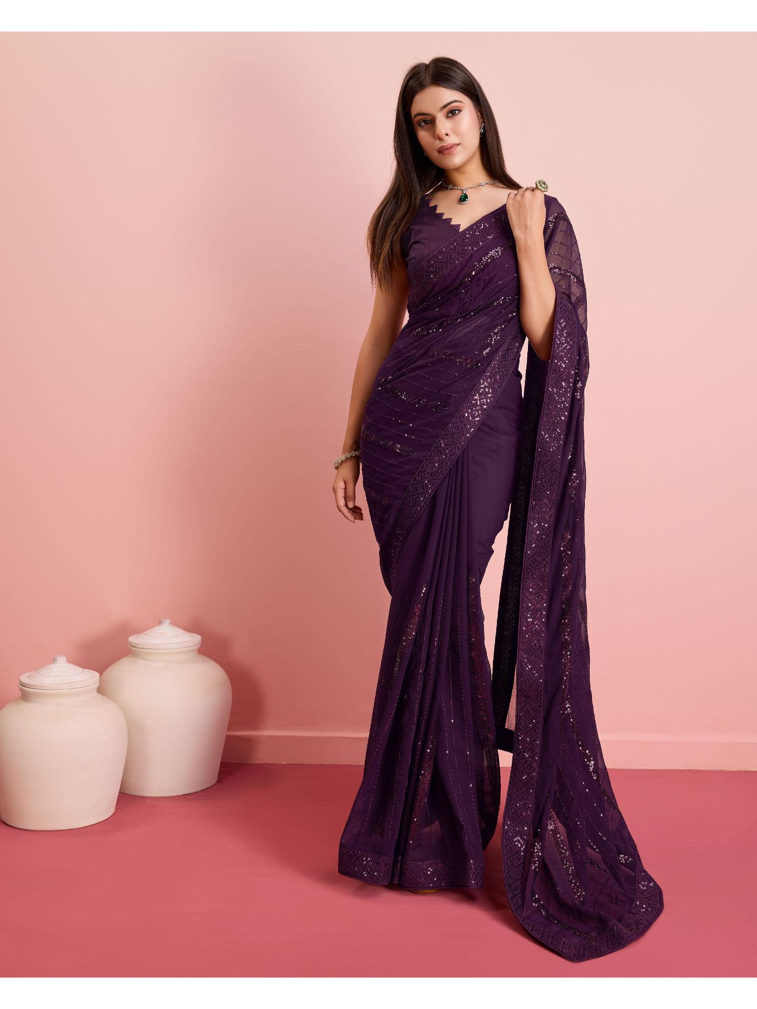 purple georgette embellished work saree with unstitched blouse