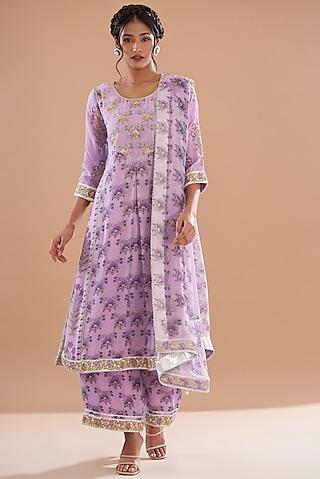 purple georgette embroidered & printed kurta set