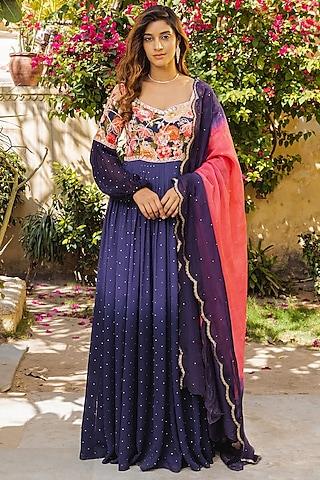 purple georgette embroidered anarkali set