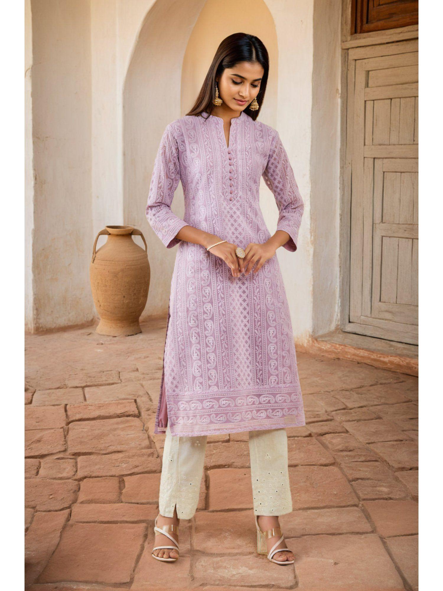 purple georgette embroidered kurta with chikankari work