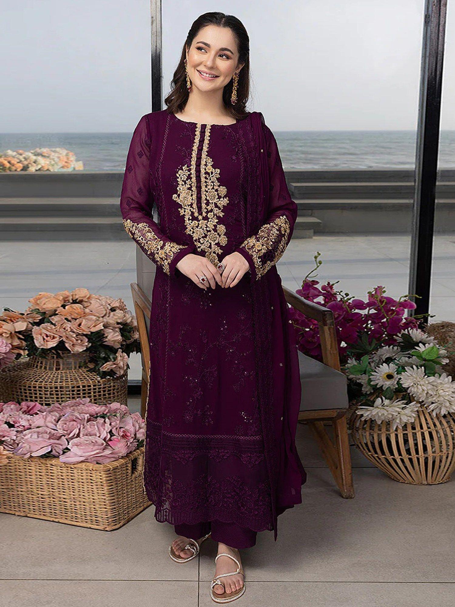 purple georgette embroidered semi stitched kurta with bottom & dupatta for women (set of 3)