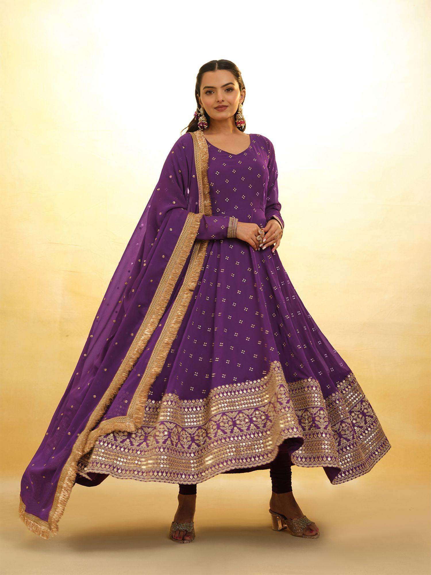purple georgette embroidered stitched anarkali kurta with churidar & dupatta (set of 3)