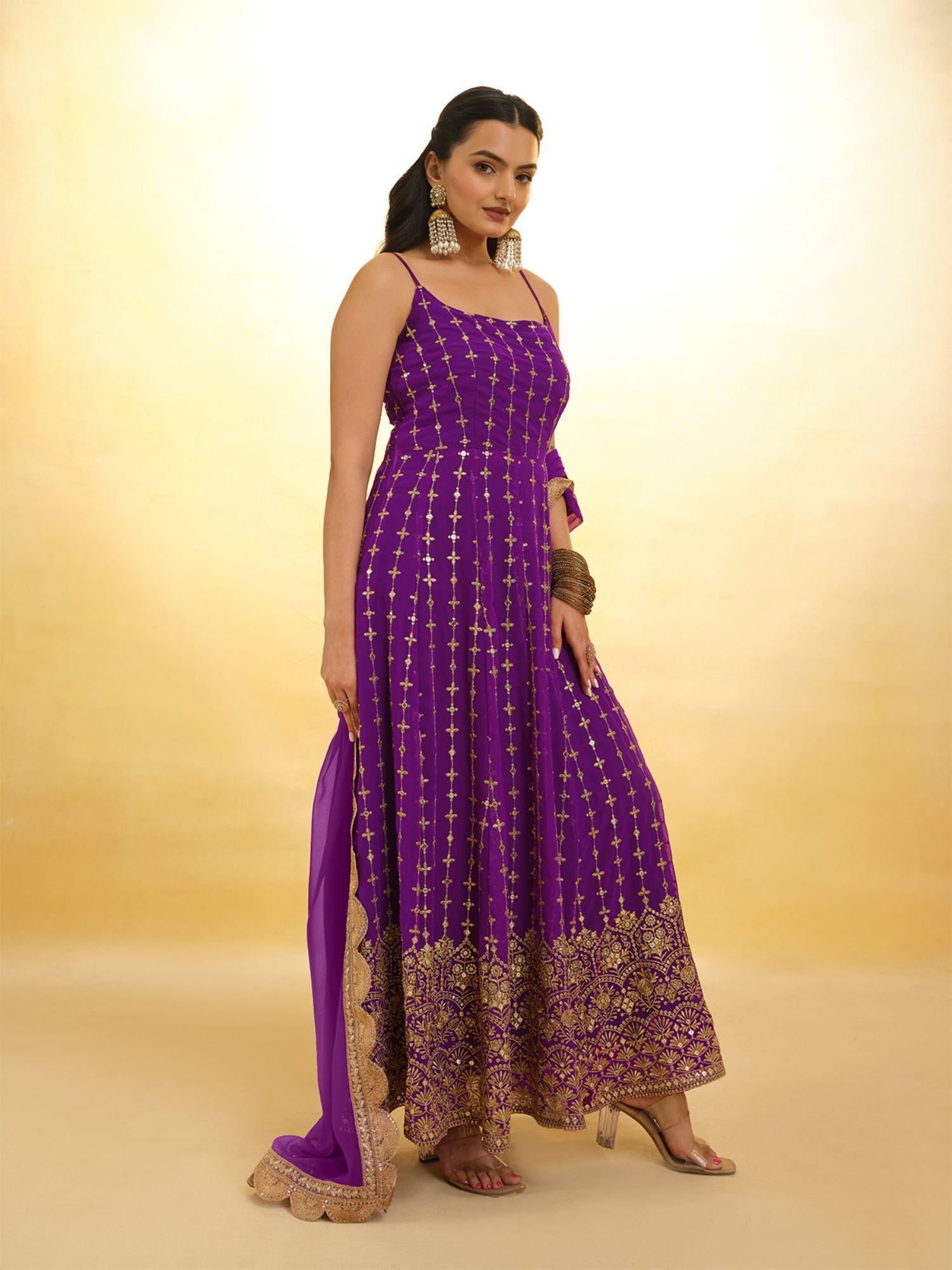 purple georgette embroidered stitched anarkali kurta with pant & dupatta (set of 3)