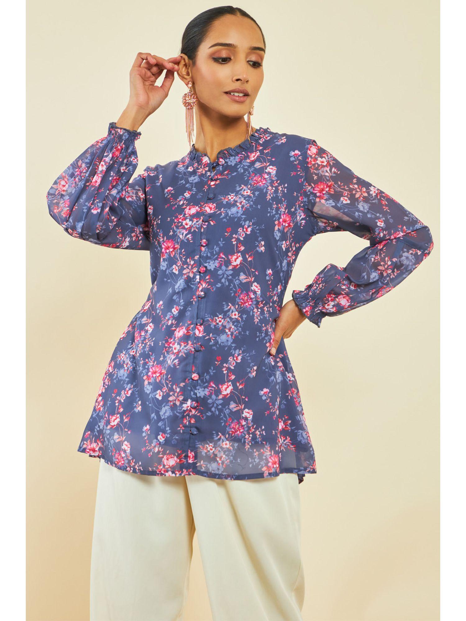 purple georgette floral print tunic