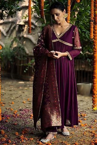 purple georgette hand embellished anarkali set