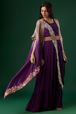 purple georgette hand embroidered gown with cape