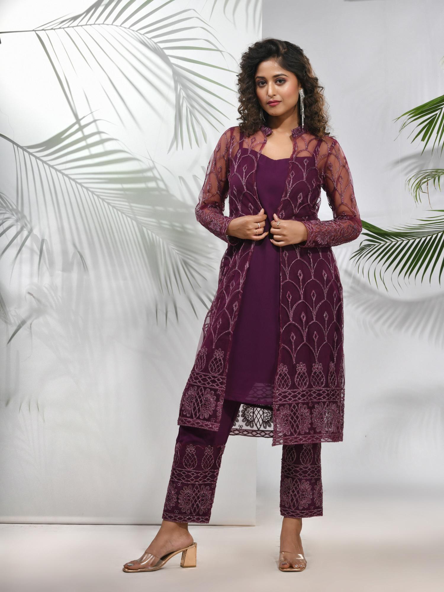 purple georgette kurta with floral embroidery jacket and pant (set of 3)