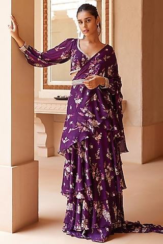 purple georgette magnolia printed saree set with belt