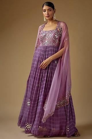 purple georgette mirror hand embroidered pleated anarkali with cape