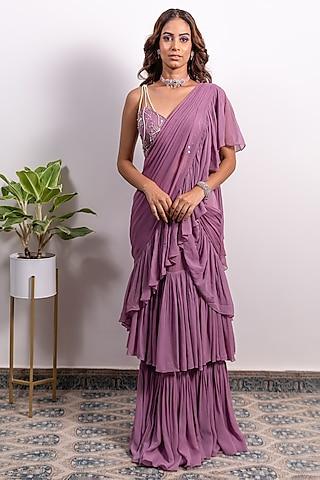 purple georgette pre-draped saree set