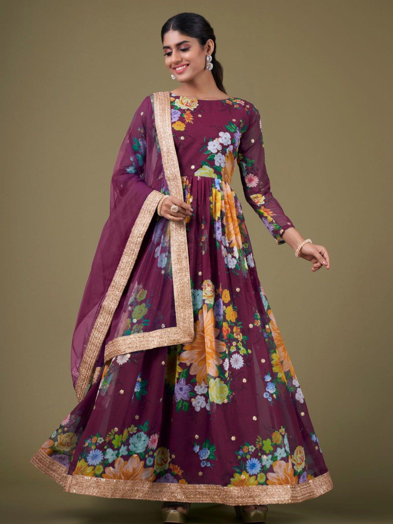 purple georgette printed semi stitched kurta with bottom & dupatta with dupatta (set of 3)