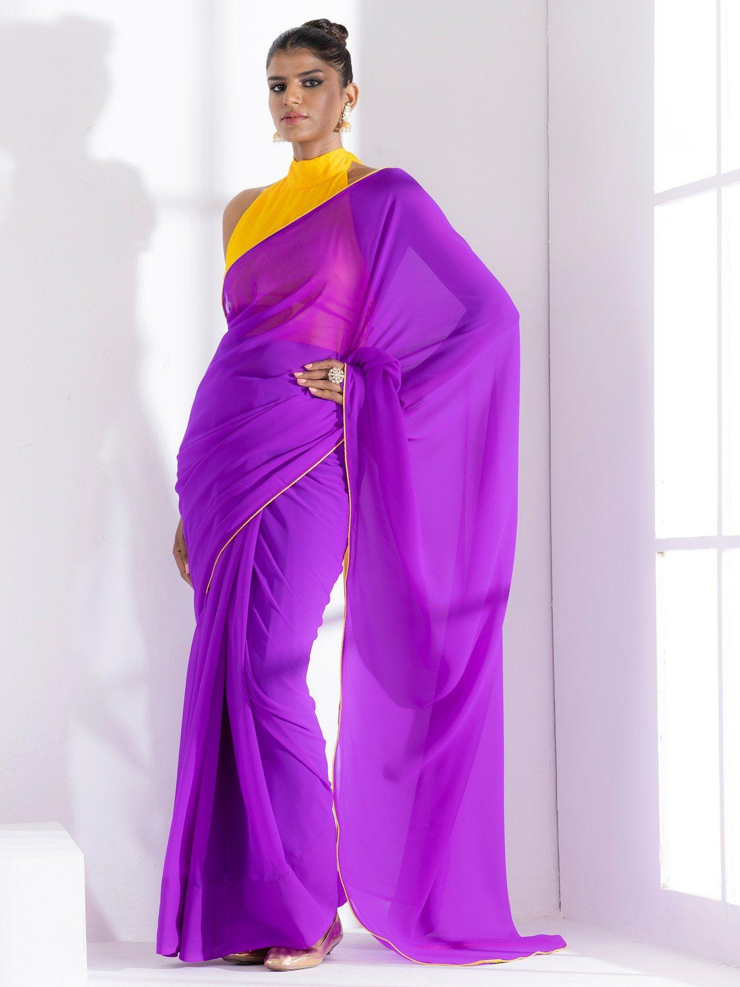 purple georgette saree & unstitched blouse with yellow piping