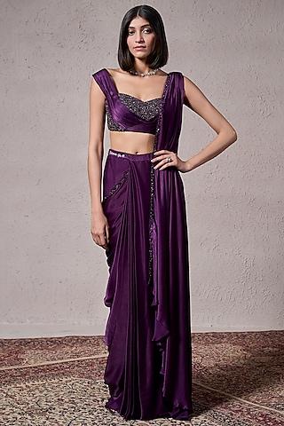 purple georgette satin hand embellished pre-draped saree set