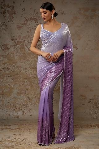 purple georgette sequins hand embroidered textured ombre saree set