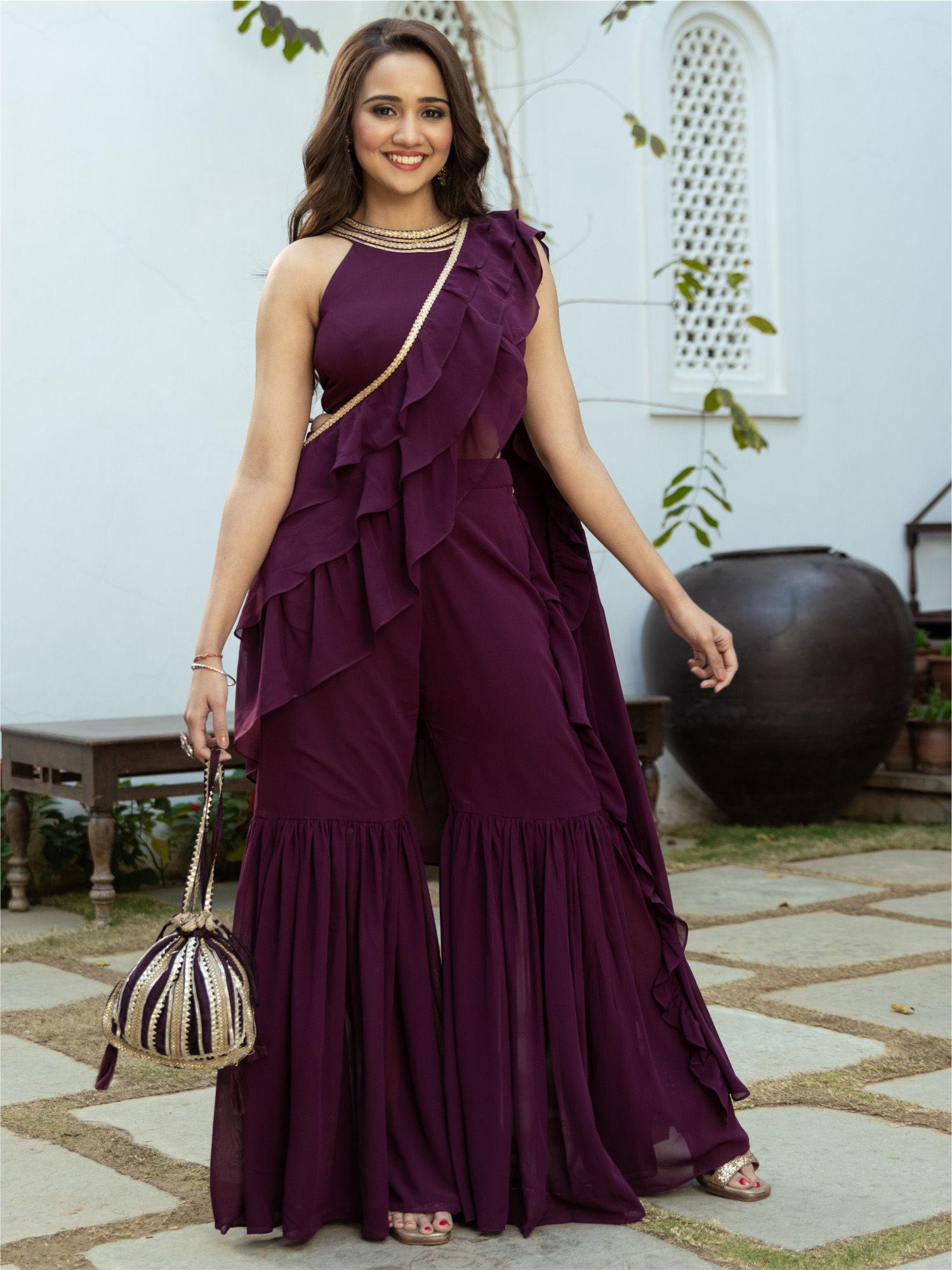 purple georgette sharara saree with stitched blouse