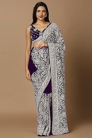 purple georgette thread embroidered saree set