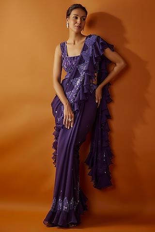 purple georgette tikki embroidered frilled saree set