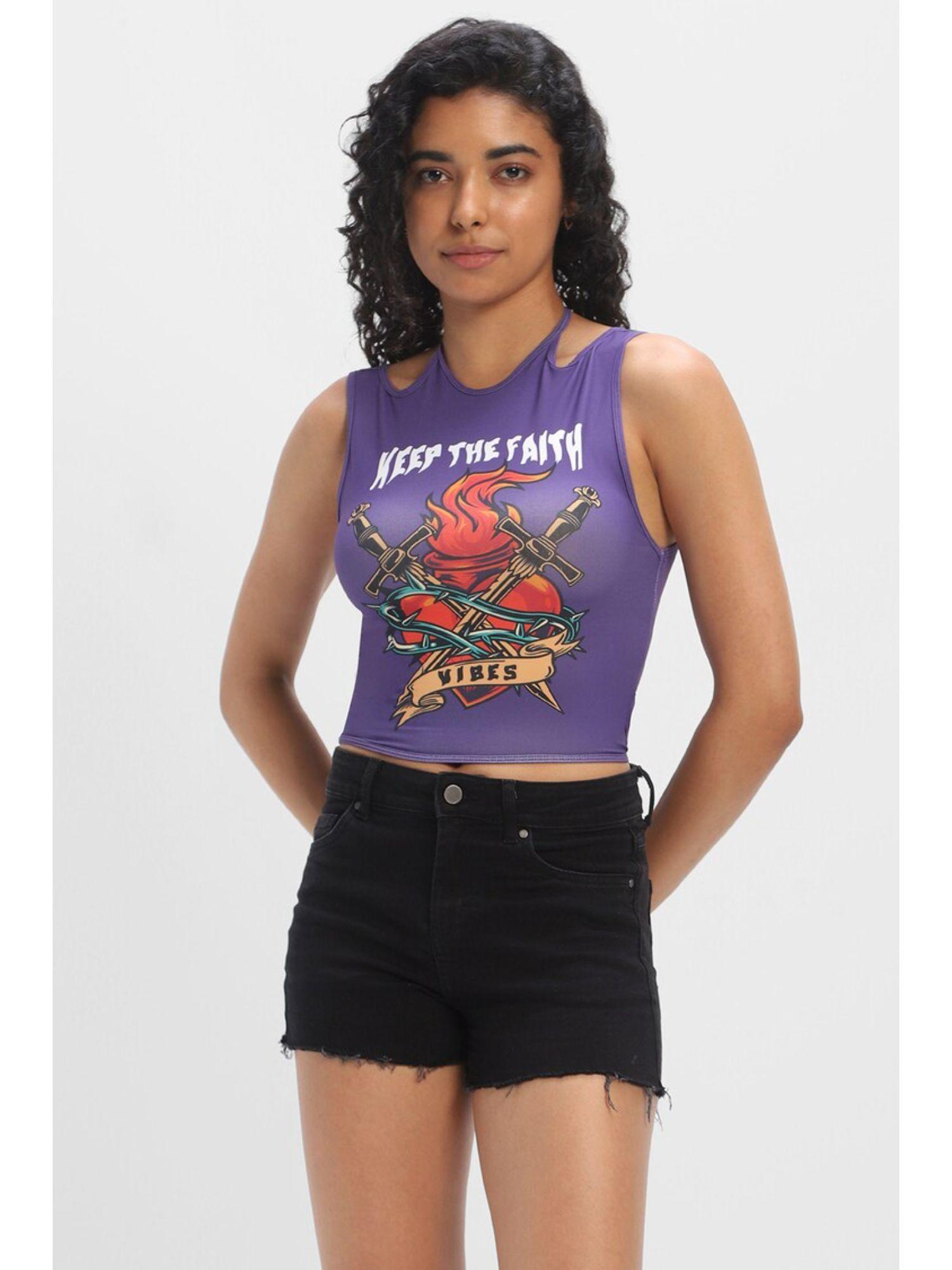 purple graphic crop tops