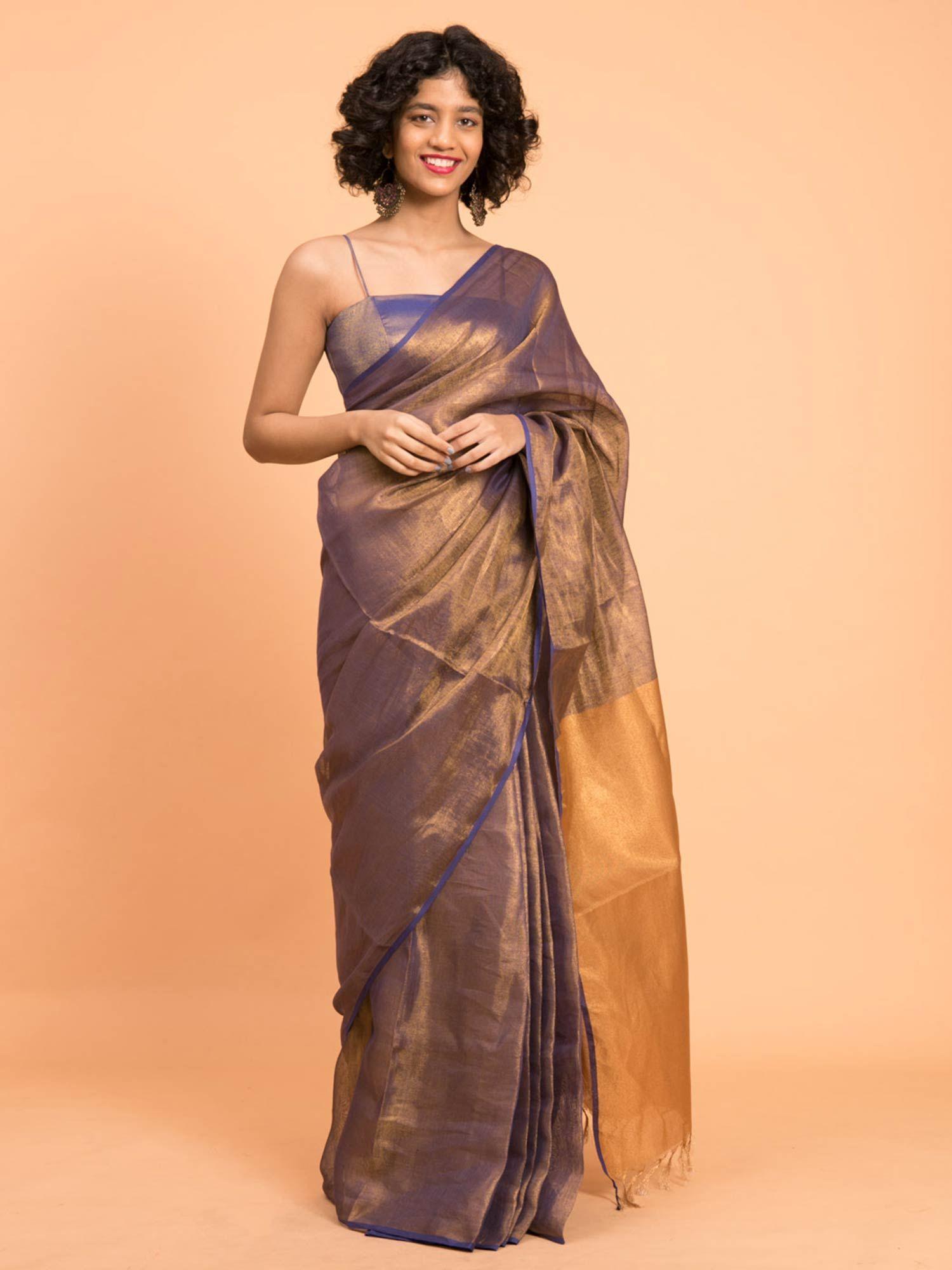 purple-grey & zari-edged linen saree without blouse
