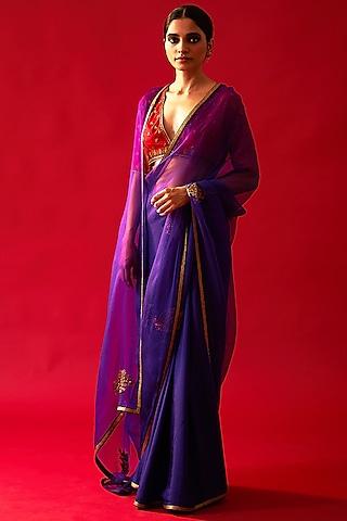 purple habutai silk & organza embellished saree